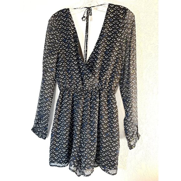 BCB Womens Romper Black/Comb Size S Tie Back Deep VNeck Lined Long Slv Sheer NWT - Picture 1 of 6